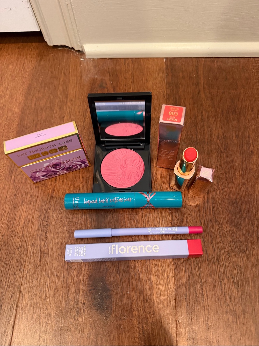 Pat McGrath Pink Pressed Blush Duo with Coral Lipstick, lip liner, trive mascara